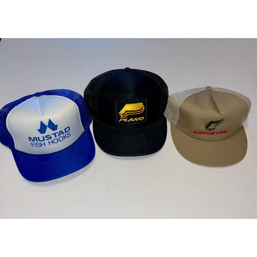 Vtg Lot 3 Trucker Snapback Fishing Hats Plano Mustard Hooks  A55‎